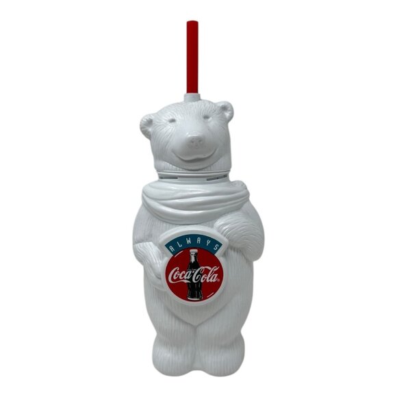 Always Coca-Cola Polar Bear Molded Bottle Tumbler Drink Straw 1990s White Red - Picture 1 of 7